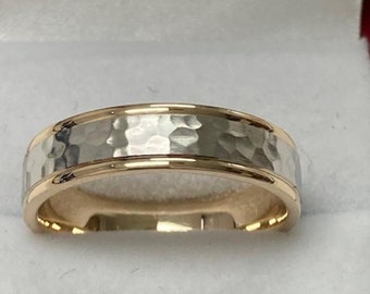 18K Solid Yellow Gold and Platinum Mens Wedding Bands. Hammered Finish Mens Wedding Rings ,Two Tone Gold Wedding Bands, Rings for Men