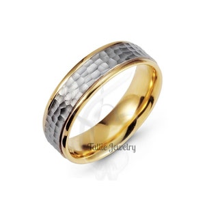 Hammered Finish Mens Wedding Bands, Two Tone Gold Mens Wedding Rings,6mm 10K 14K 18K White and Yellow Gold Wedding Bands, Two Tone Rings