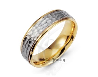 Hammered Finish Mens Wedding Bands, Two Tone Gold Mens Wedding Rings,6mm 10K 14K 18K White and Yellow Gold Wedding Bands, Two Tone Rings