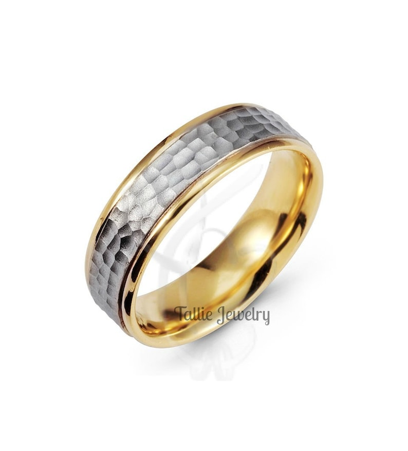 Two Tone Gold Wedding Bands,6mm 14K White and Yellow Gold Hammered Finish Mens Wedding Rings,Matching Wedding Bands,His /& Hers Wedding Rings