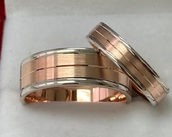 His and Hers Two Tone Gold Wedding Bands, Matching Wedding Rings Set, 14K White and Rose Gold Mens and Womens Wedding Bands