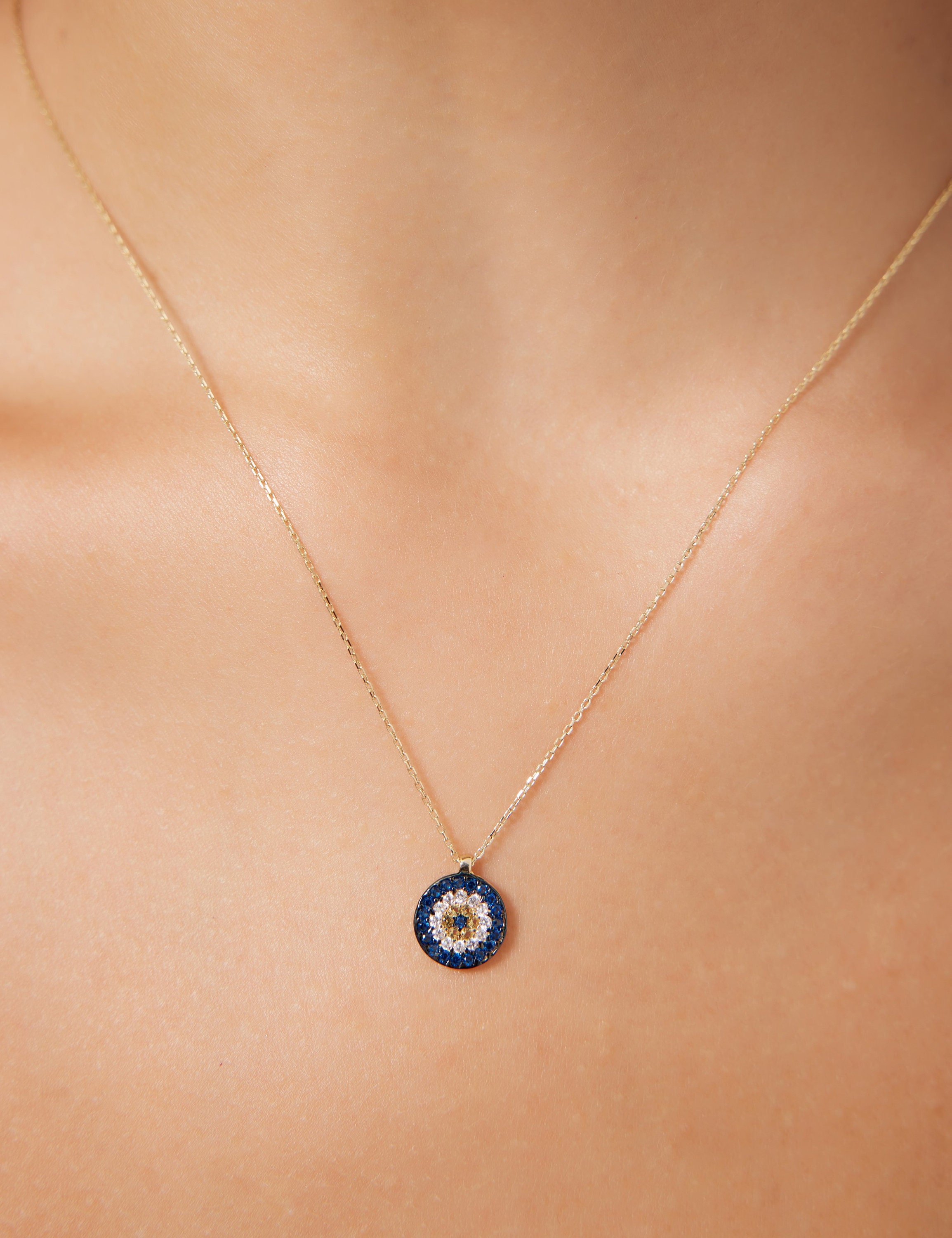 thumbnail image 2 of 14K Solid Yellow Gold Evil Eye Pendant – Round Good Luck Charm, Unisex 2 of 4