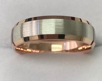 Two Tone Gold Wedding Bands ,Beveled Edge Mens Wedding Rings, 6mm 10K 14K Solid White and Rose Gold Mens Wedding Bands, Rings for Men