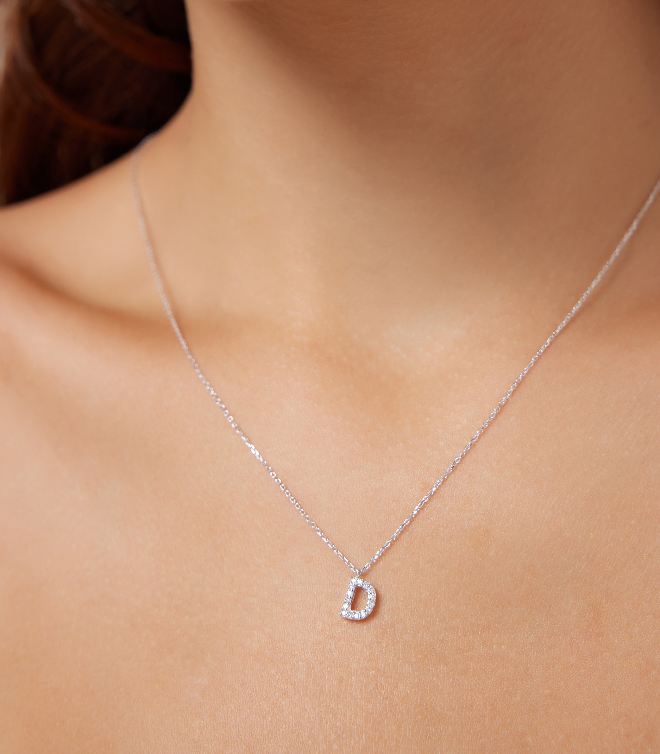 Diamond Initial Necklace,14K Solid White Gold Diamond Letter Necklace