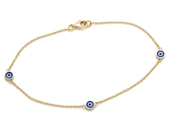 Evil Eye Bracelet, 14K Solid Yellow Gold Evil Eye Station Bracelet, Dainty Evil Eye Bracelet , Minimalist Evil Eye Bracelet, Gold Bracelet