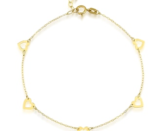 14K Solid Yellow Gold Small Heart Bracelet, Heart Station Bracelet, Minimalist Heart Bracelet, Dainty Heart Bracelet, Gold Bracelet