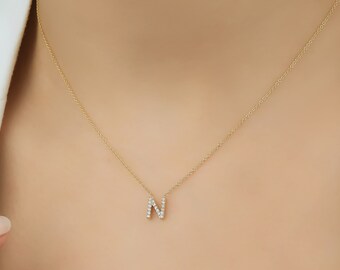 Diamond Initial Necklace,14K Yellow Gold Diamond Letter Necklace ,Layering Diamond Necklace ,Letter N Necklace in 14K Gold, Initial Pendant