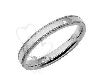 3mm 10K 14K 18K Solid White Gold Wedding Bands, Shiny Finish Dome Milgrain Mens Wedding Ring, Plain Wedding Bands, for Men and Women