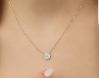 14K Solid Yellow Gold Diamond Circle Necklace, ,Diamond Disk Necklace, Natural Diamond Necklace in 14K Gold , Gifts for Her, Gold Necklace