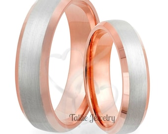 Two Tone Gold Wedding Bands, His and Hers Wedding Rings, Matching Wedding Bands Set, 10K 14K Solid White and Rose Gold Wedding Bands