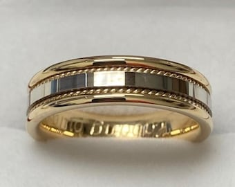 5mm 10K 14K 18K Solid White and Yellow Gold Mens Wedding Bands ,Handmade Rope Braided Mens Wedding Rings, Two Tone Gold Wedding Bands