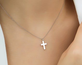 Cross Necklace, 14K Solid White Gold Cross Necklace, Small Cross Pendant, Minimalist Cross Necklace, Crucifix Cross Necklace, Baptism Gift