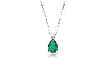 14K Solid White Gold Emerald  Solitaire Necklace, Diamond Solitaire Necklace, Pear Shape Emerald and Diamond Necklace, May Birthstone