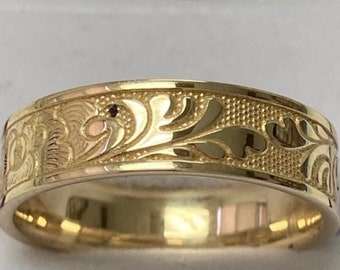 Hand Engraved Wedding Band, Hand Engraved Wedding Ring, 6mm 10K 14K 18K Solid Yellow Gold Mens Wedding Bands, Celtic Wedding Ring, Handmade