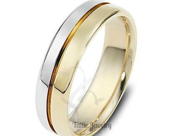 Two Tone Gold Wedding Bands, Dome Shiny Finish Mens Wedding Ring, 6mm 10K 14K 18K Solid White and Yellow Gold Mens Wedding Band, Comfort Fit