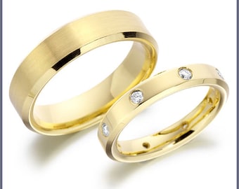 His and Hers Diamond Wedding Bands , Matching Wedding Rings Set , 10K 14K 18K Yellow Gold Mens and Womens Wedding Bands