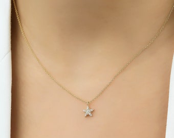 Diamond Star Necklace, 14K Solid Yellow Gold Star Necklace ,Minimalist Star Necklace, Layering Diamond Necklace, Diamond Star Pendant