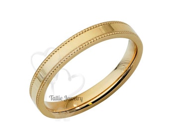 14K Solid Yellow Gold Wedding Band ,Polished Milgrain Flat Wedding Band for Mens and Womens , His and Hers Wedding Rings, Plain Wedding Band