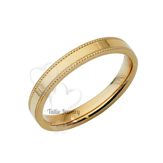 14K Solid Yellow Gold Wedding Band ,Polished Milgrain Flat Wedding