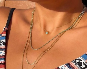 14K Yellow Gold Blue Necklace, Blue Enamel Beaded Necklace, 4.1 gr Gold Chain