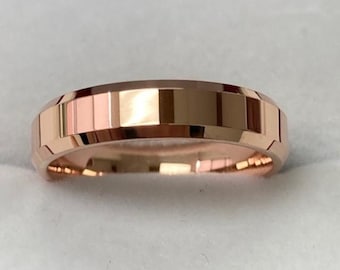 14K Solid Rose Gold Wedding Bands, Polished Beveled Edge Wedding Rings for men and Women, Comfort Fit, Mens Wedding Band, Mens Wedding Ring