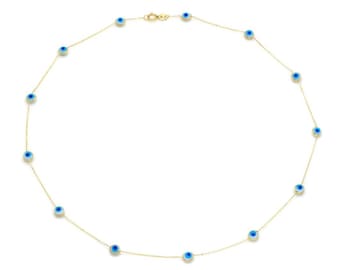 Evil Eye Necklace, 14K Solid Yellow Gold Evil Eye Station Necklace, Beaded Evil Eye Necklace