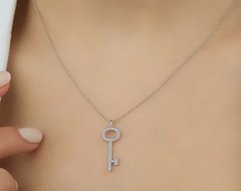 Diamond Key Necklace , 14K Solid White Gold Key Necklace , Layering  Diamond Necklace , Natural Diamond Key Pendant, Gifts for Her