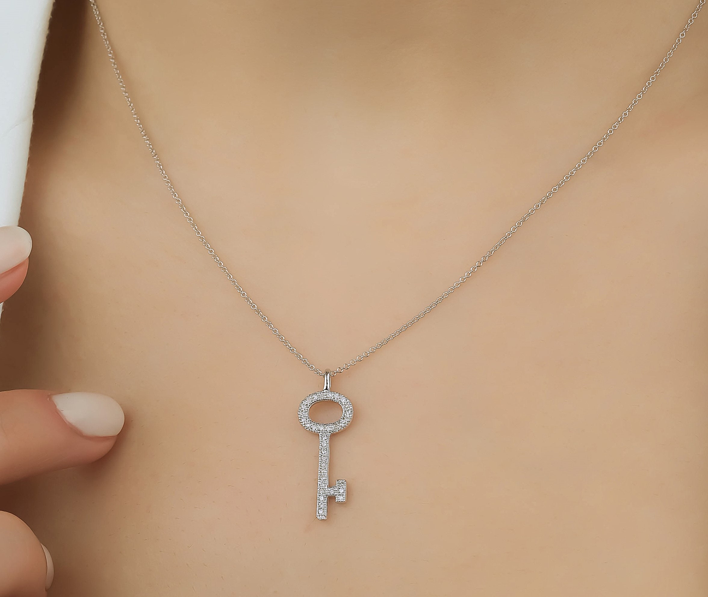 Key Pendant Necklace 14 K white gold Diamond sI1 H 0.65 Ct chain 21” 6.7  Grams | eBay