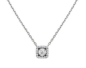 14K Solid White Gold Round Diamond Solitaire Necklace, Natural Diamond Halo Necklace, Diamond Necklace, Womens Necklace