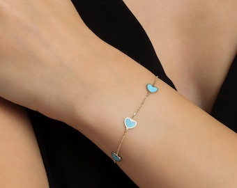 Turquoise Heart Bracelet, 14K Solid Yellow Gold Heart Bracelet, Dainty Turquoise Heart Station Bracelet, Love Bracelet, Blue Heart Bracelet