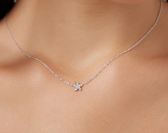 Diamond Star Necklace, 14K Solid White Gold Star Necklace, Dainty Star Necklace, Minimalist Star Necklace, Natural Diamond Necklace