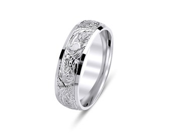 7mm 10K 14K 18K Solid White Gold Hand Engraved Mens Wedding Band, Hand Engraved Mens Wedding Rings, Beveled Edge , Comfort Fit ,Polished