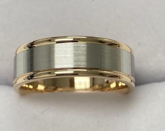 Two Tone Gold Mens Wedding Bands, Satin Finish Mens Wedding Rings, 7mm 10K 14K 18K Solid White and Yellow Gold Mens Wedding Rings