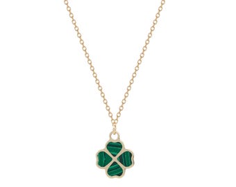 14K Solid Yellow Gold Malachite Four Leaf Clover Necklace, Minimalist Malachite Clover Necklace, Small Irish Clover Necklace