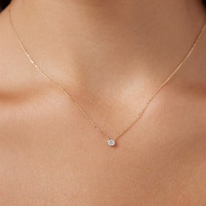 Diamond Solitaire Necklace, 14K Gold Diamond Solitaire Necklace, 0.12ct Bezel Set Diamond Necklace, Layering Necklace, Floating Diamond