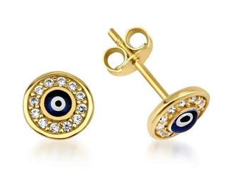 14K Solid Yellow Gold Evil Eye Earrings, Minimalist Evil Eye Earrings, Stud Earrings, Protection Jewelry, Push Back Gold Earrings
