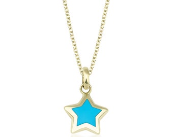 14K Yellow Gold Turquoise Puffed Star Necklace, Turquoise Puffed Star Pendant, Turquoise Necklace, Minimalist Star Necklace,  Star Charm