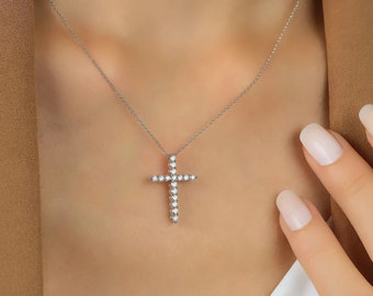 Diamond Cross Necklace, 14K Solid White Gold 0.50 Carat Natural Diamond Cross Necklace, Diamond Cross Pendant, Baptism Gifts