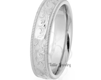 Mens White Gold Wedding Bands ,Hand Engraved Mens Wedding Rings, 5mm 10K 14K 18K Solid White Gold Milgrain Hand Engraved Mens Wedding Bands