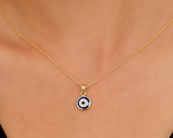 Evil Eye Necklace, 14K Solid Yellow Gold Evil Eye Necklace, Round Evil Eye Pendant, Nazar Necklace, Kabbalah, Good Luck Charm