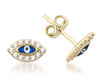 14K Solid Yellow Gold Evil Eye Earrings, Minimalist Evil Eye Earrings, Stud Earrings, Protection Jewelry, Push Back Gold Earrings