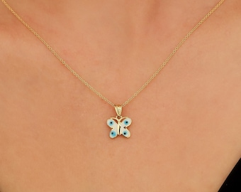 14K Solid Yellow Gold Butterfly Necklace, Minimalist Enamel Butterfly Necklace, Butterfly Pendant , Dainty Butterfly Charm