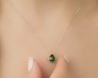 Emerald Solitaire Necklace,14K Solid Yellow Gold Emerald Necklace, Pear Shape Emerald Necklace ,May Birthstone, Womens Necklace, Gemstone