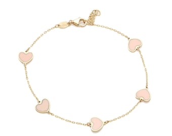 14K Yellow Gold Heart Bracelet, Station Heart Bracelet, Minimalist Heart Bracelet, Pink Heart,  Love Bracelet, Gifts for Her