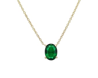 Emerald Necklace, 14K Yellow Gold Oval Emerald Solitaire Necklace , Solitaire Emerald Necklace, May Birthstone, Green Emerald, Gemstone