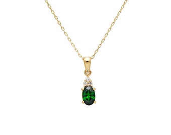 14K Yellow Gold Emerald and Diamond Solitaire Necklace, Oval Emerald Necklace ,Diamond  Necklace ,May Birthstone, Green Emerald, Gemstone