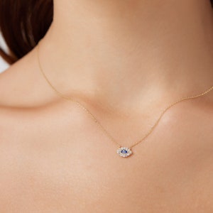 14K Yellow Gold Evil Eye Necklace, Dainty Evil Eye Necklace, Minimalist Eye Shape Evil Eye Necklace, Womens Necklace, Nazar Necklace