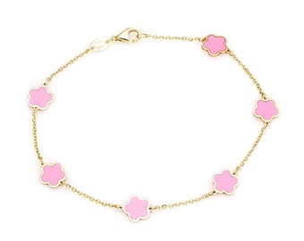 14K Yellow Gold Pink Blossom Bracelet, Daisy Flower Bracelet, Floral Design Station Bracelet, Flower Bracelet