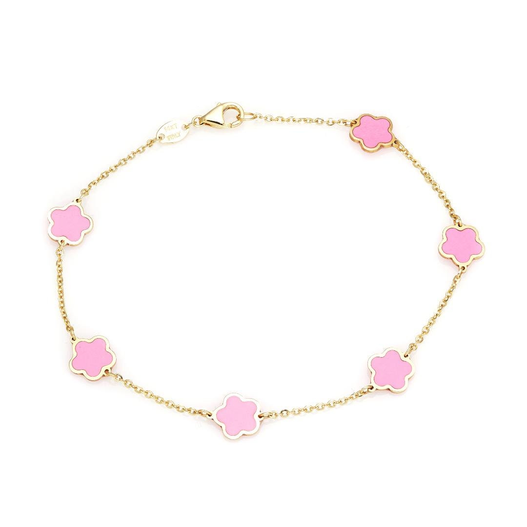 14K Yellow Gold Pink Station Four Leaf Clover Bracelet