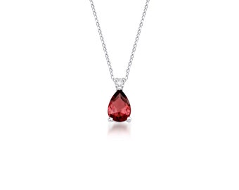 14K White Gold Garnet and Diamond Solitaire Necklace ,Pear Shape Natural Garnet and Diamond Necklace ,Gemstone Necklace, January Birthstone